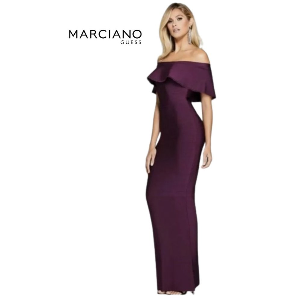 Marciano Off-Shoulder Ruffle Column Gown in Plum